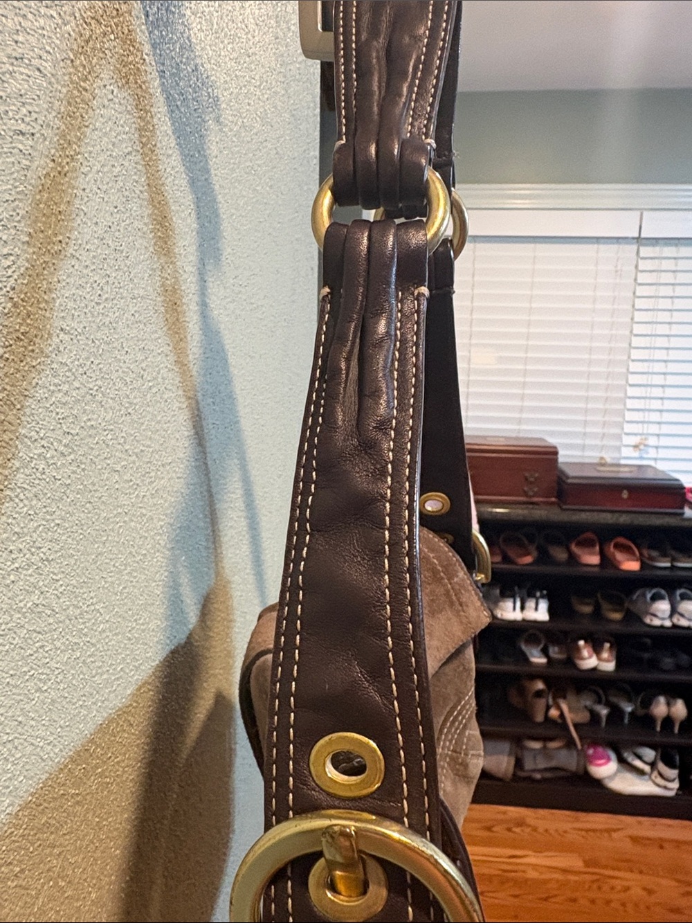 Coach Brown Suede Shoulder Bag with Brass Accents - Picture 4 of 9